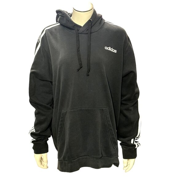 Adidas Black Hoodie White Stripes Kangaroo Pocket Drawstring Size Large Unisex - Picture 3 of 14